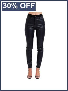 High Waist Faux Leather & Denim Skinny Pants - PU Leather Finish Jeans